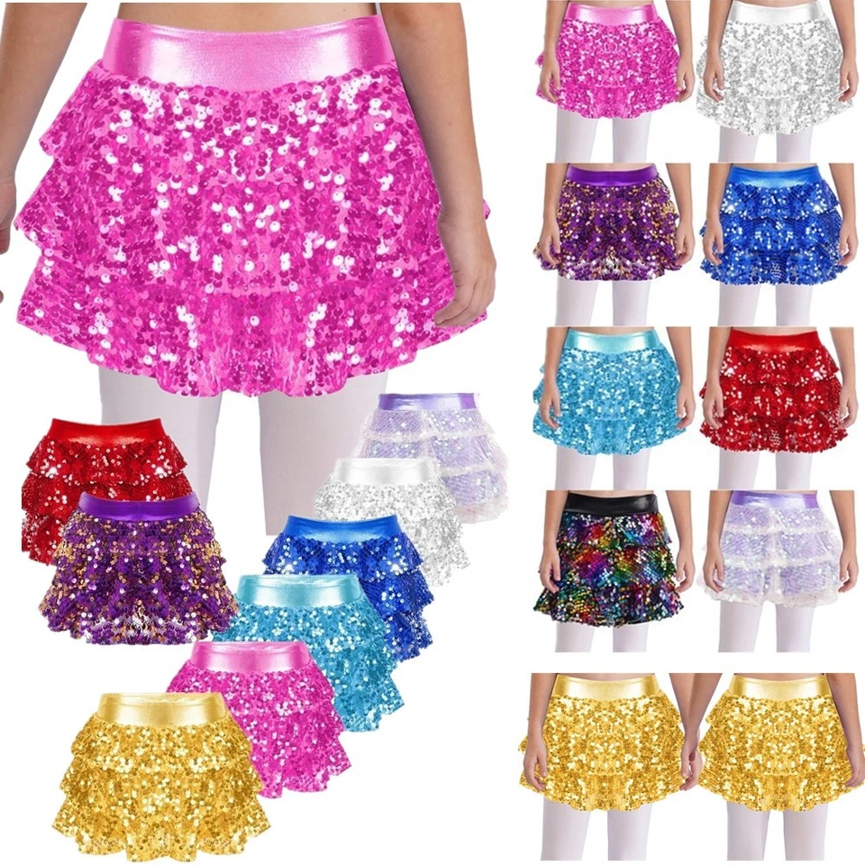 UK Girls Sparkle Dance Skirt Shiny Tiered Ruffle Mini Skorts Jazz Hip Hop Skirt - Image 2 of 4