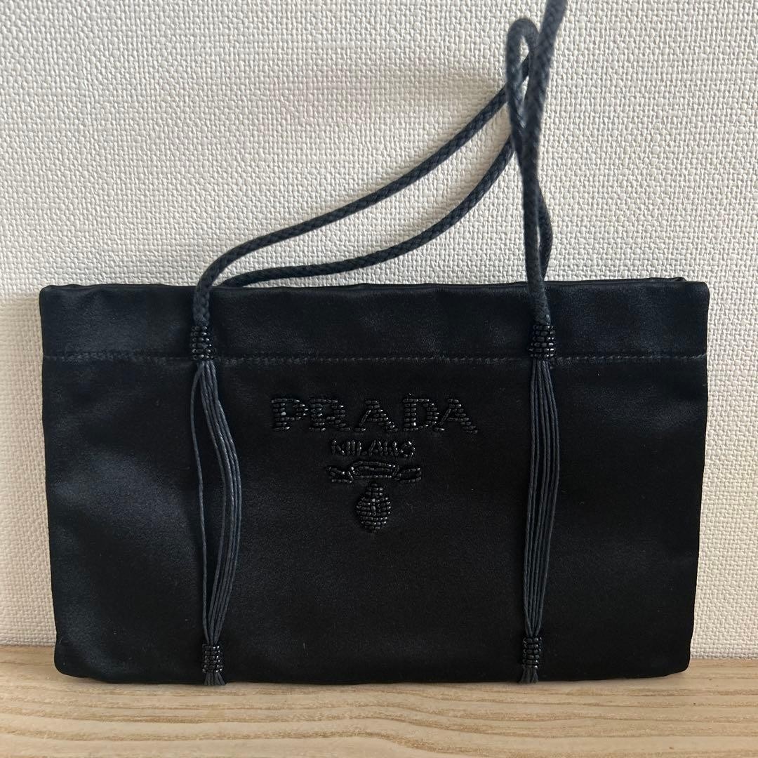 PRADA Vintage Satin Silk Party Clutch Bag Black 22.5x12.5cm Rare