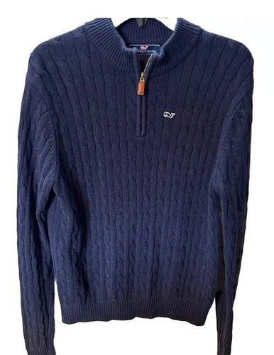 Vineyard Vines Boys Size XL (18) Navy Blue Cable Knit 1/4 Zip Sweater EUC