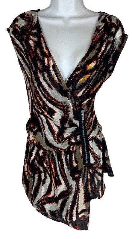 BEBE Surplice Elastic Waist Zip Top S Brown Gray Orange Black Blue Zip Closure