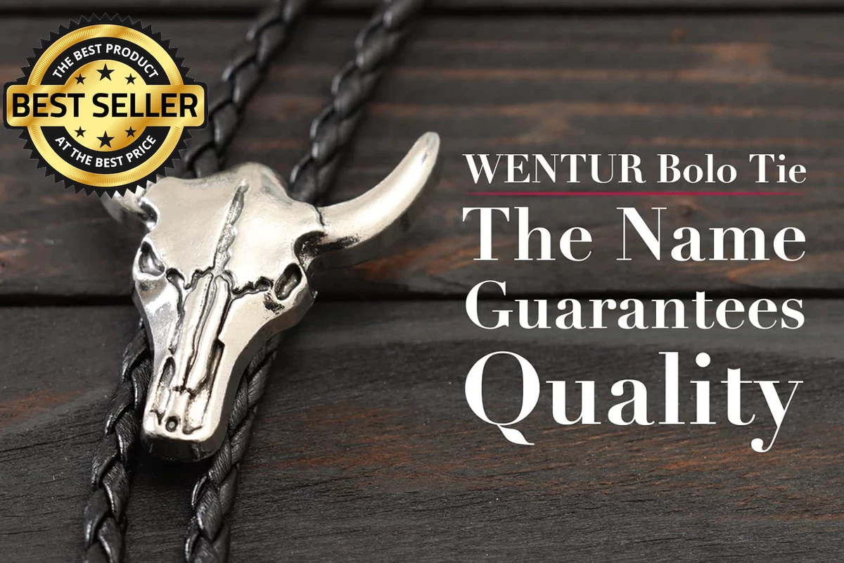 Western Vintage Bolo Tie for Men - Cow Skull Design Cowboy Tie - Black Leather B