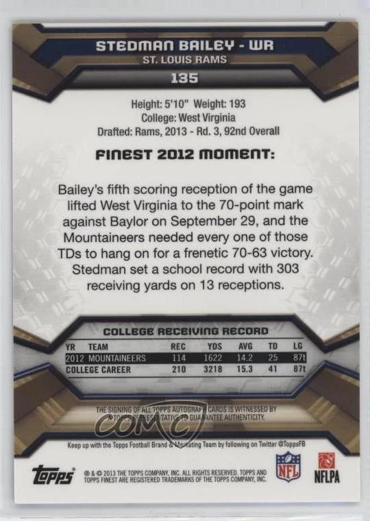 2013 Topps Finest Rookie Auto Red Refractor /15 Stedman Bailey #135 Auto RC - Image 2 of 2