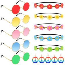 30 Pcs Hippie Costume Accessories Set - Flower Headbands, Round Sunglasses Pea