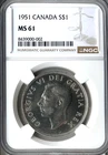 1951 Canada Silver Dollar, NGC MS 61, KM-46, Brilliant White
