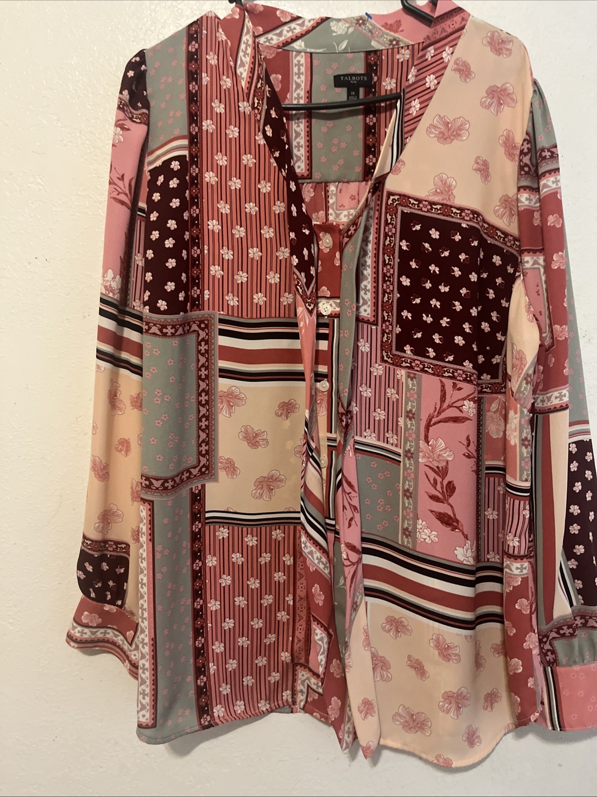 Talbots Floral Patchwork Pattern Tie Neck Button … - image 2