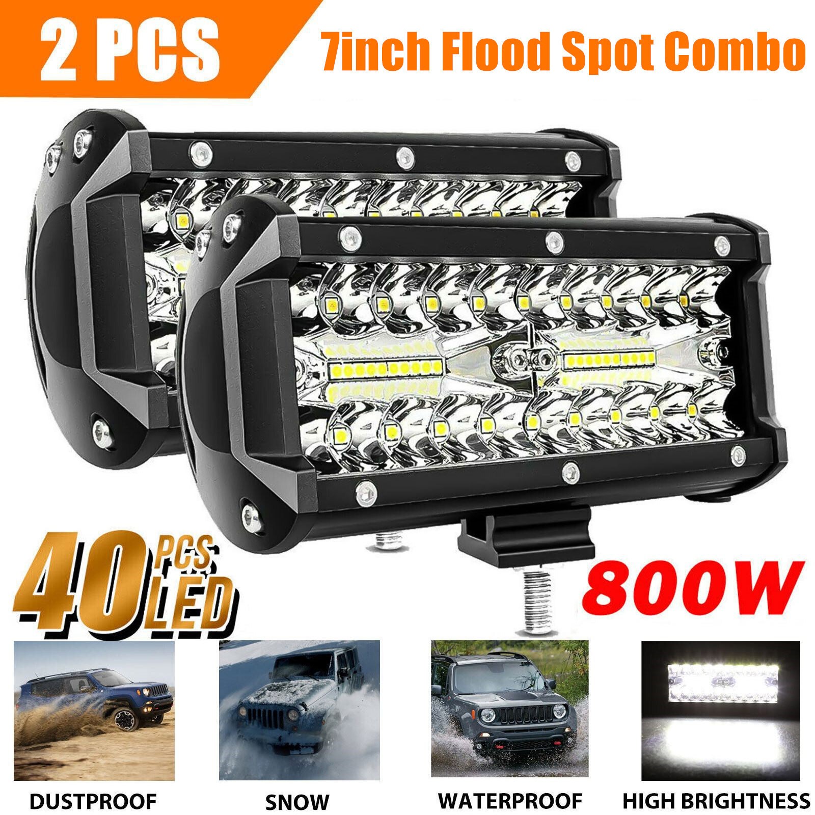 2x 7inch 30000LM LED Work Light Bar Flood Spot Pod Offroad F