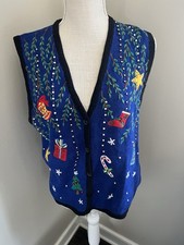 Bobbie Brooks Christmas Sweater Vest Blue Embroidered Tree Stocking Beaded Med
