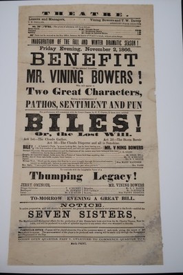 Antique Ad Billing Nov. 2 1866 George Vining Bowers Comedian BILES! Ephemera HTF