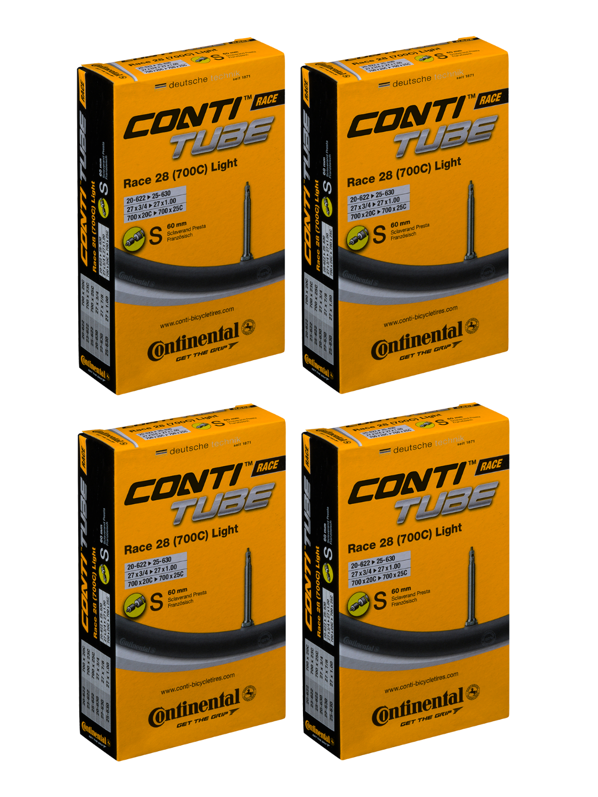 4x Continental Race Light Inner Tube 700 x 18-25c - 60mm Presta - Road - 0181831