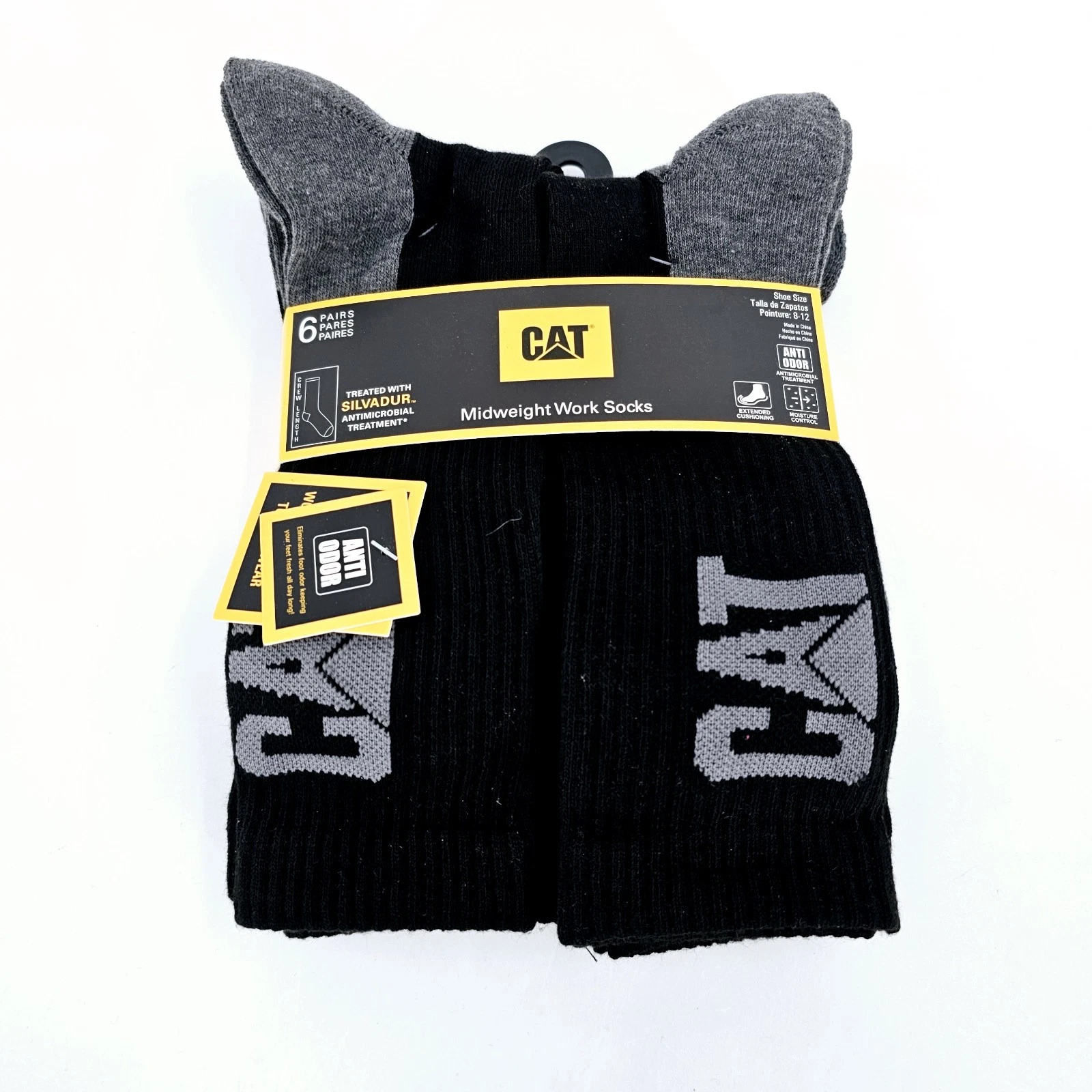 CATERPILLAR Midweight Boot Work Socks Mens 6 pairs Black Logo CAT Anti-Odor NEW