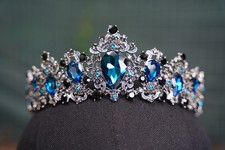 Vintage Dark Silver Blue crystal Tiara Goth Crown Princess Queen bridal