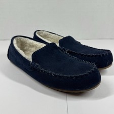 Lands End Fuzzy Lined Moccasin Slippers Women s 11 Blue Suede Travel Winter