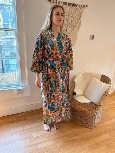 Indian Handmade Multicolor Kahlo Printed Kimono Robe One Size Women Bath Robe - Picture 3 of 4
