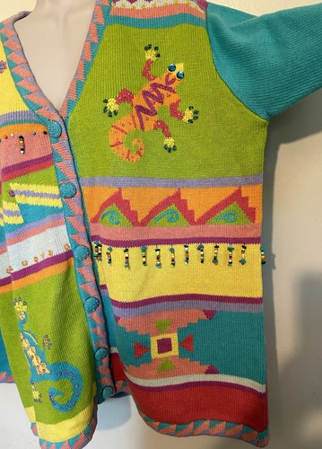 Storybook Knits Vintage Colorful Lizard Aztec Beaded Knit Cardigan Sz Large NWT - Picture 3 of 7