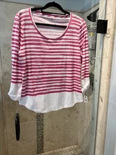 Talbots Womens Top Pink White Striped Blouse Linen Blend 3/4 Sleeves Thin Size L