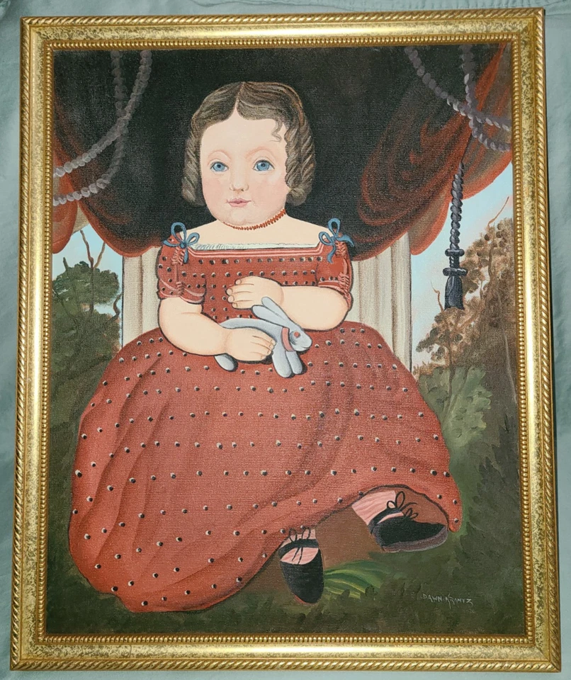 Original folk art painting on canvas by VT artist Dawn Krantz, young girl in red