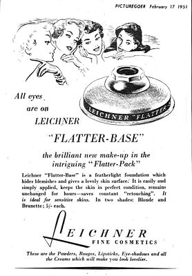 1951 Reklame LEICHNER ''Flatter Base'' Foundation Small Vintage Cosmetics Print Ad