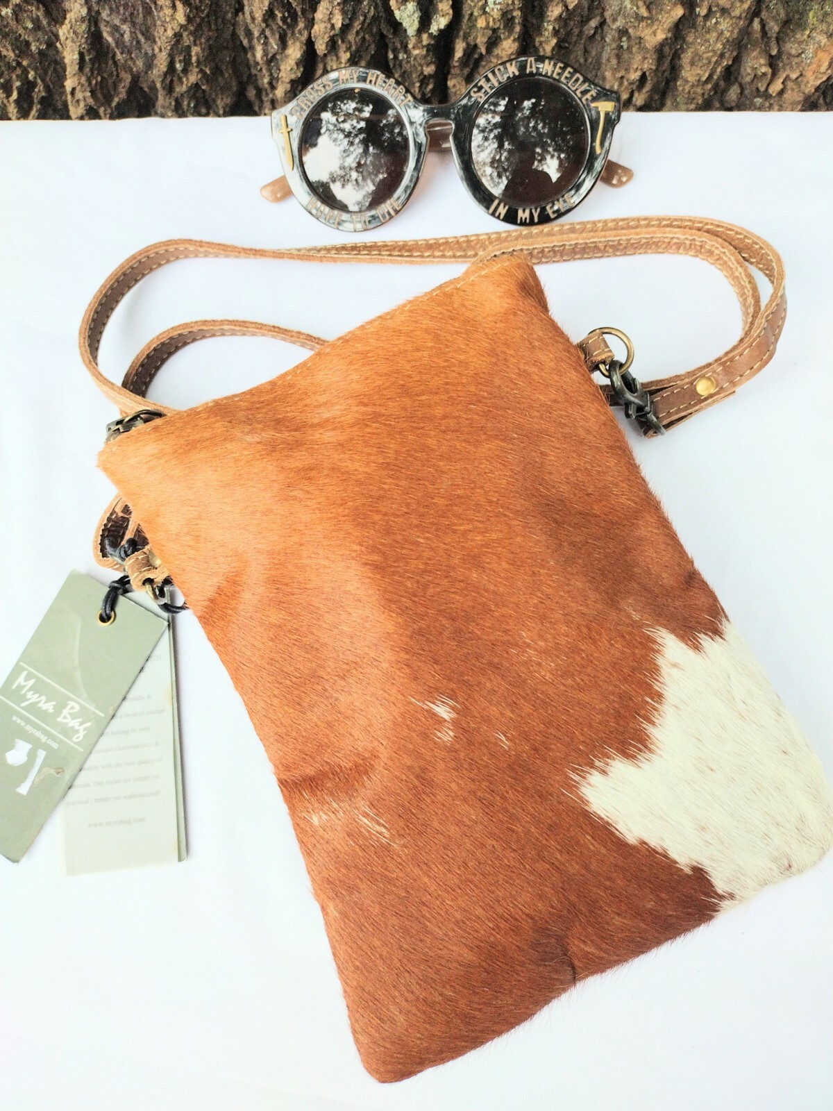 BORSA MYRA NUOVA CON ETICHETTE PONY HAIR PELLE INVECCHIATA BORSA A TRACOLLA LOOK!