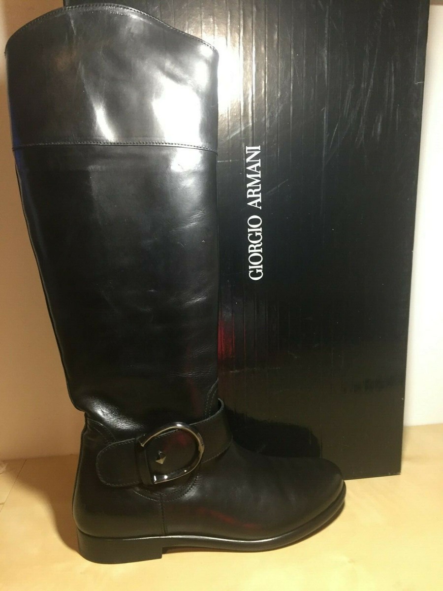 NIB Giorgio Armani Black Leather Knee High Boot Buckle Riding Boot 