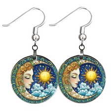 Bohemian Sun  Crescent Moon Earrings NO TARNISH Wood Celestial Watercolor Art