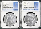2 coin set 2023 morgan and peace silver dollar ngc ms 70 fdoi 1st Day Label