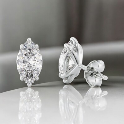 Solid 14K White Gold Diamond Earrings 2 Carat IGI Lab Created Marquise Cut Stud