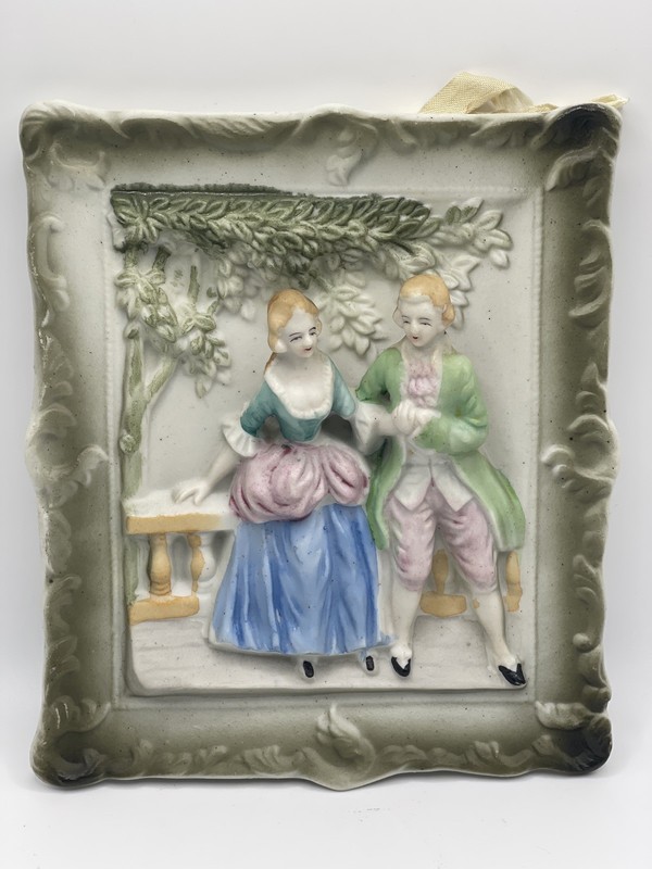 Vintage Porcelain Relief Wall Plaque With Courting Couple Scene Occupied Japan