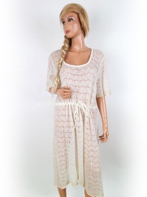 ZIZZI Damen Tunika Bluse Gr. L Creme Acryl Kurzer Ärmel Pailletten Einfarbig