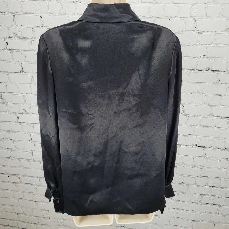 Blusa De Colección Sin Marca Negra Satén Abotonada Manga Larga EE. UU. Hecha en Unión Talla 14 Foto 2 de 4