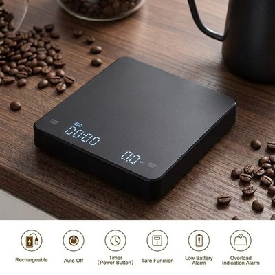 Digitale Kaffeewaage Wiederaufladbarer LED Bildschirm Espresso Timer Schwarz Küchenwaage