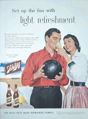 1955 vintage Schlitz beer ad Bowling Ball Sipping Schlitz Beer Illustration 