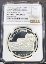 1970 EQ GUINEA SILVER 100 PESETAS GOYAS MAJA DESNUDA NGC PF 67 ULTRA CAMEO