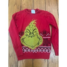 Dr Seuss The Grinch Kids Red Christmas Holiday Fair Isle Knit Sweater Small