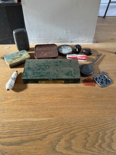 Job Lot Tins Automobilia Door Knobs Oil Cans Victorian Flush Pull Whiskey Flask