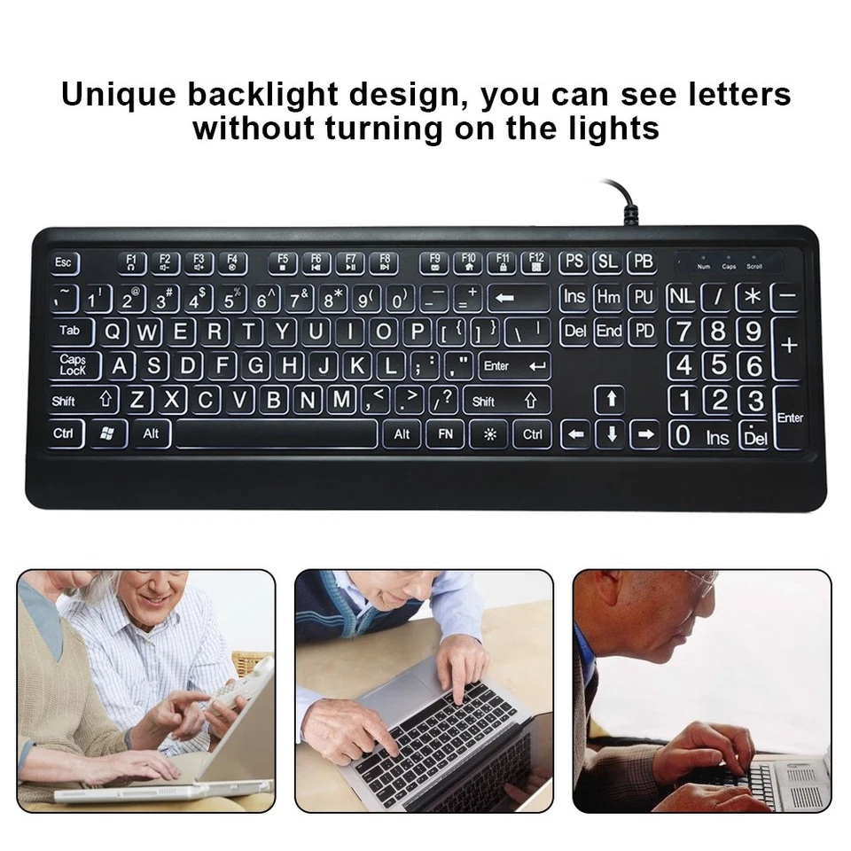 Ergonomic USB Interface Multimedia LED White Backlight Keyboard For Old Man - Image 3 of 4