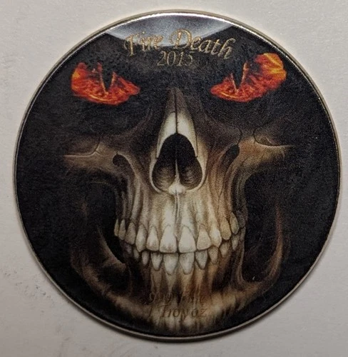 1 oz .999 Silver Colorized Round ~ 2015 Fire Death ~ Skull Bullion Round