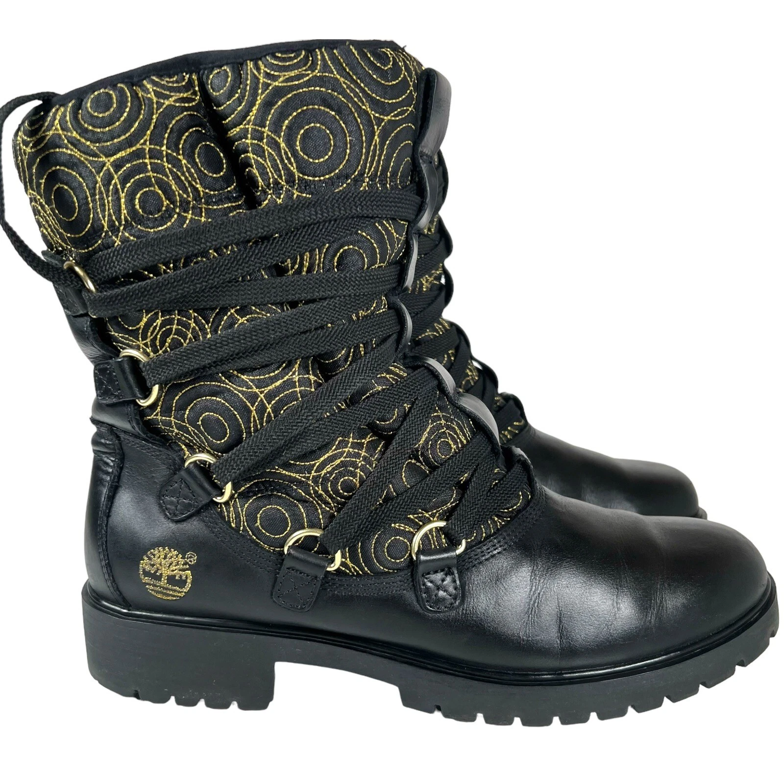 Stivali Timberland oro e nero in pelle grossa taglia 10 M foderati in pelliccia sintetica Lug Y2K