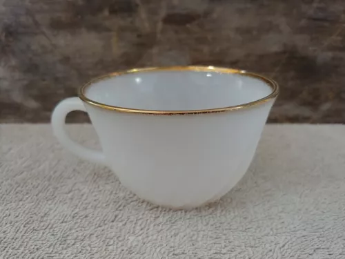 Vintage Fire King Ware Anchor Hocking Swirl Milk Glass Tea Coffee Cup Gold Rim