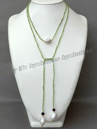 3mm Faceted Green Peridot Gem Natural White Keshi Baroque Pearl Pendant Necklace - Picture 2 of 6