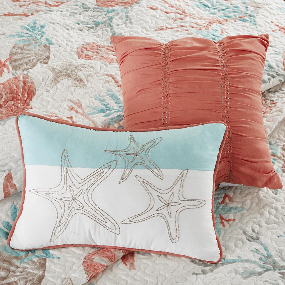 JUEGO COMPLETO DE EDREDÓN CORAL BEACH 6 piezas Queen: coral aqua shell playa cobertor tropical Foto 4 de 4