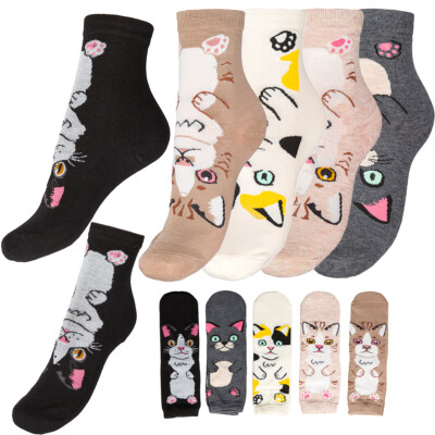Niedliche knöchelhohe Damensocken Kitty sanft lustig Tiermotiv Einheitsgröße 6 8 UK CW702