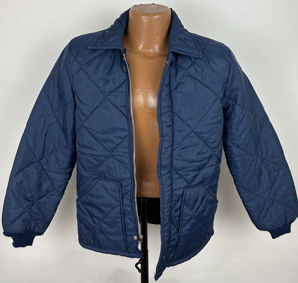Jaqueta acolchoada masculina vintage anos 80 S azul marinho zíper completo roupa de trabalho mínima Nelson EUA - Imagem 2 de 4