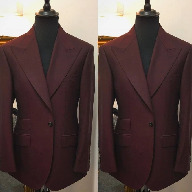Esmoquin Borgoña Hombres Trajes Pico Ancho Solapa Formal Negocios Boda Novio 2 Piezas Foto 3 de 4