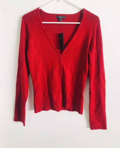 GUESS Women's Long Sleeve Pierced V-Neck Irina Rib Sweater Roaring Red Size XL - Afbeelding 1 van 3