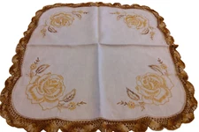 Large Doily centerpiece Crocheted Edges And Embroidery  browns/golds  17 inches