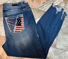 VIGOSS SIZE 14 SKINNY JEANS FLAG POCKETS RED  WHITE BLUE PATRIOTIC DISTRESSED