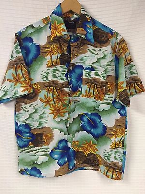 Vintage HAWAIIAN Van Cort Shirt Medium Cabana Hut Palm Trees Retro Woolworth