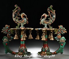 12.6"Old Tibet Bronze Turquoise Coral Gem Phoenix Candle Holder Candlestick Pair