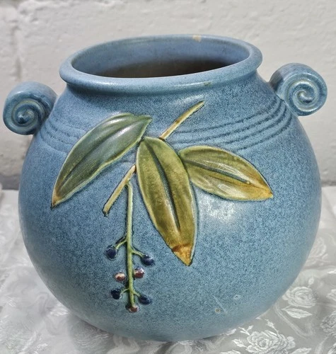 Vintage Weller Pottery Cornish Blue Vase Pot Planter Leaves Berries Wide Mouth