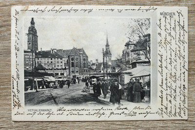 OBB M1) AK München 1903 Victualienmarkt Marktstände Buden Strasse Käufer